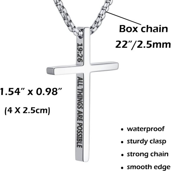 Men 22 Inches/2.5mm Silver/Black Stainless Steel Bible Verse Cross Pendant 2 Pcs - Picture 2 of 6